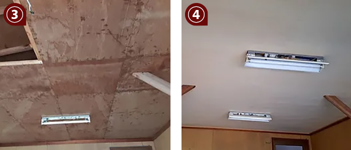 ③施工前の天井 シロアリがたくさんいました ④施工後の天井 きれいになりました